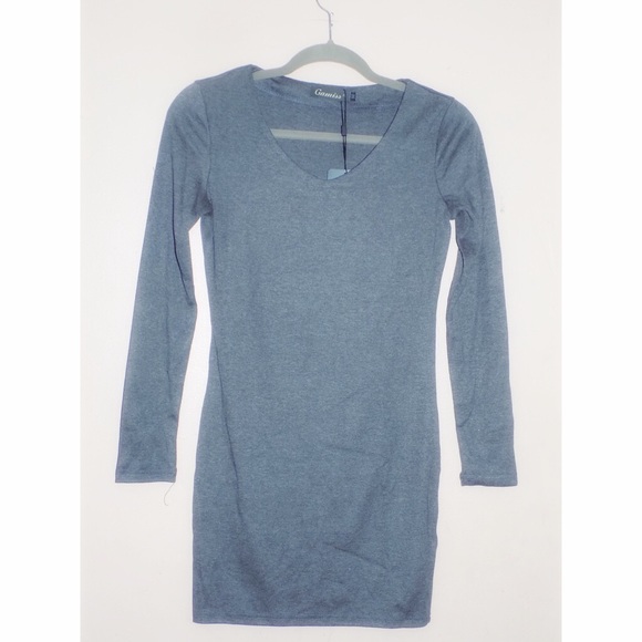 V-Neck Fitted Long Sleeve Knit Mini Bodycon Dress - Picture 3 of 3